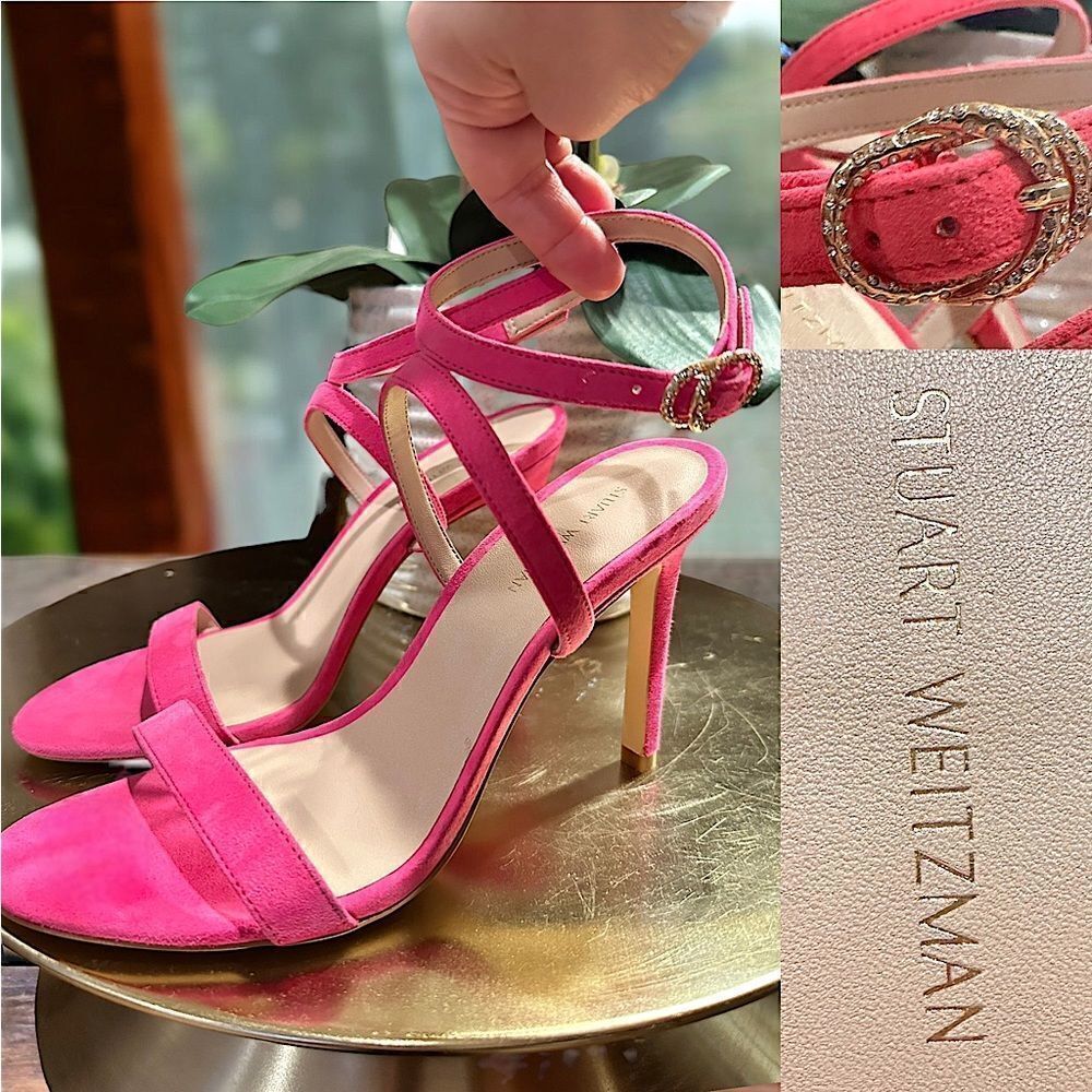 Stuart Weitzman Crystal Buckle 95 Suede Sandal Heels Size 8.5